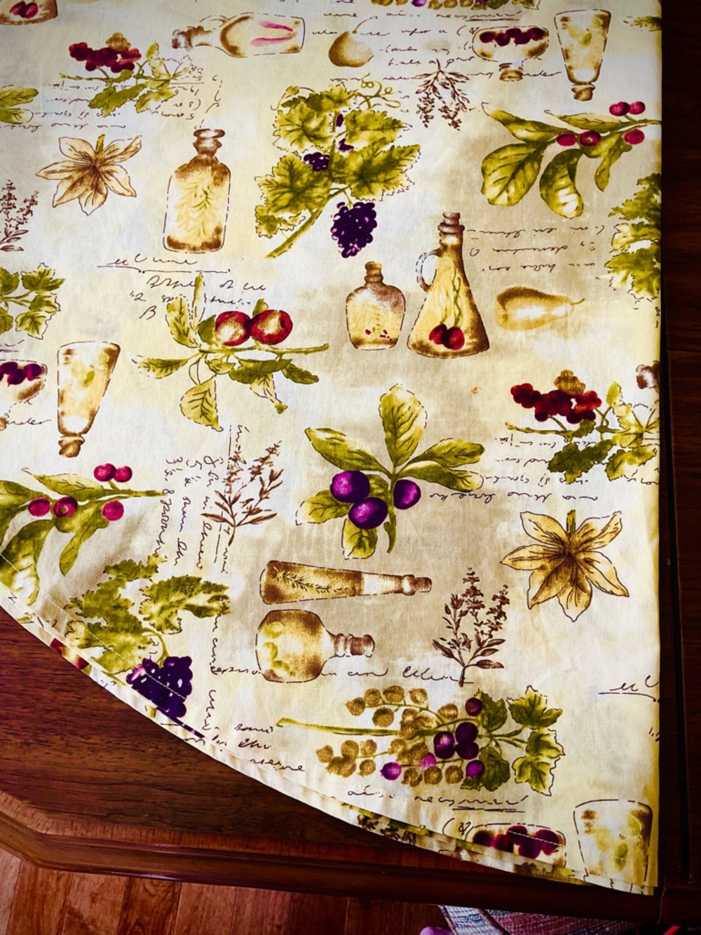 Kitchen Linen Tablecloth in Cream with Green and Purple Botanical Print